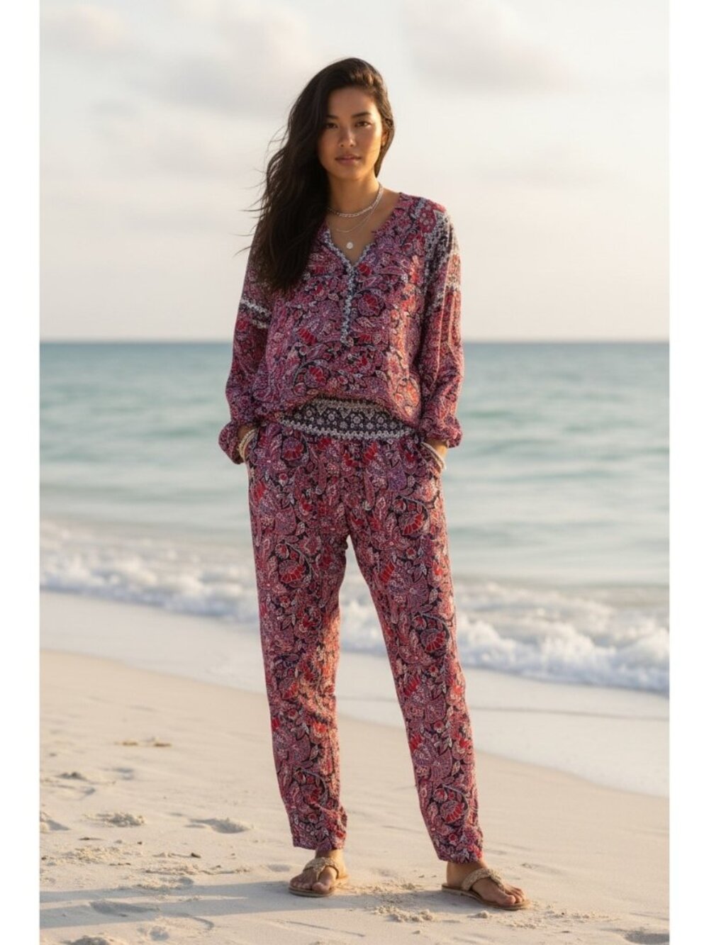 Xirena Marin floral Top & Pants Set Large Cotton Lightweight Long Sleeves Boho